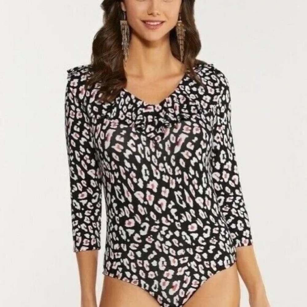 Cato | Plus Ruffled Leopard Bodysuit Ideal Black Various Sizes Available
